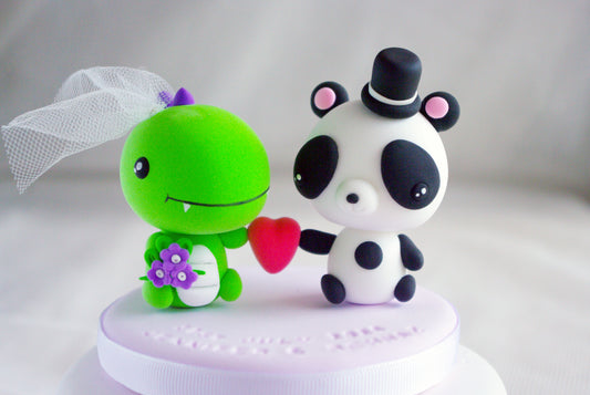 Dinosaur and Panda Wedding Cake Topper